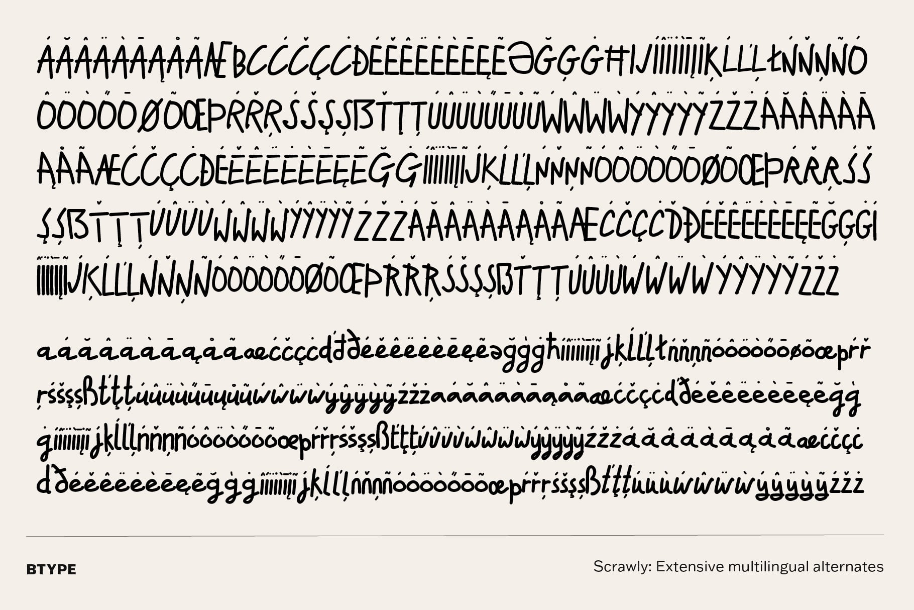 Scrawly typeface showing full character set with accents, diacritics, multilingual support