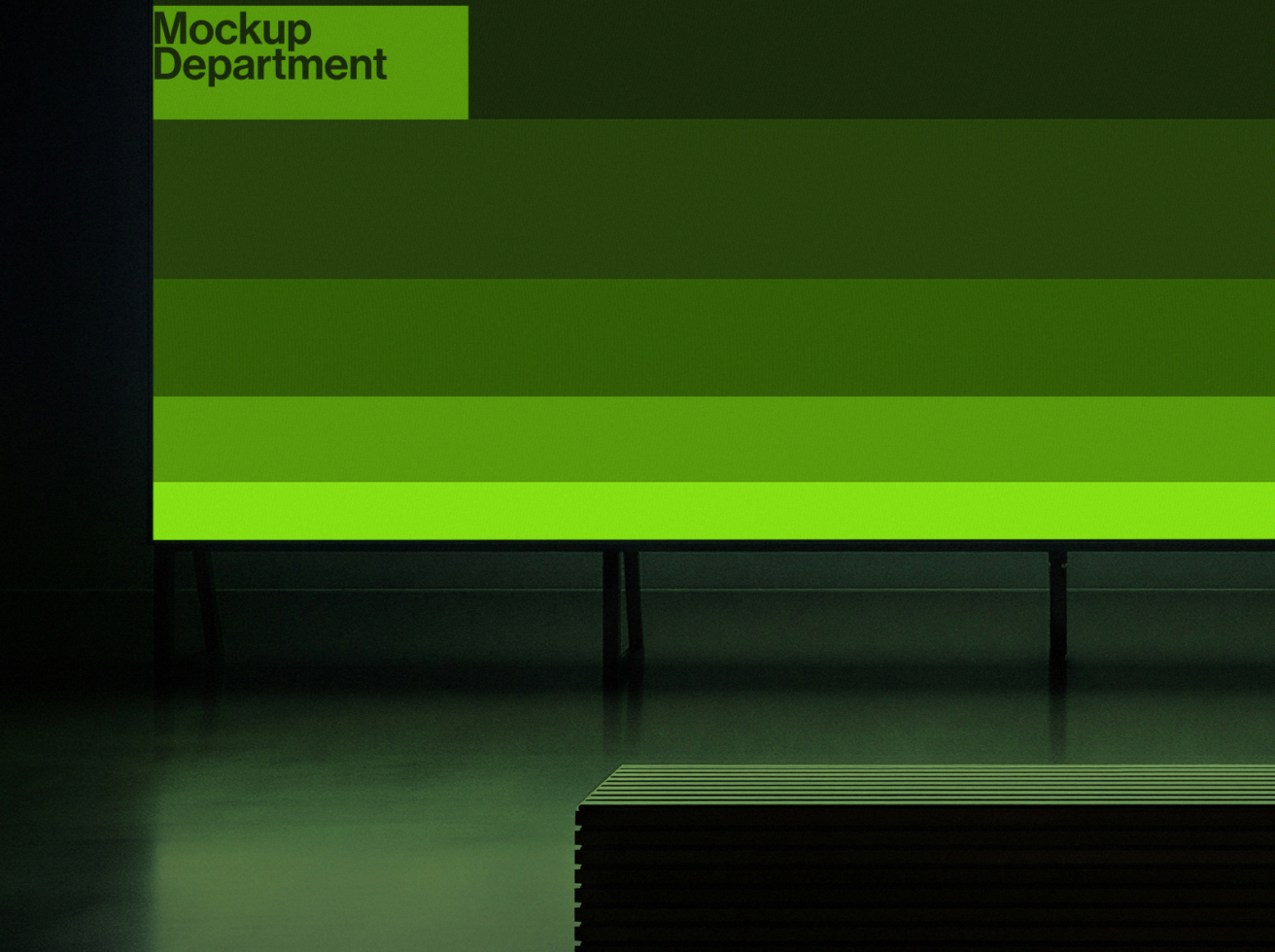 Neon green horizontal billboard mockup with "Mockup Department" text, dark storefront below with three windows
