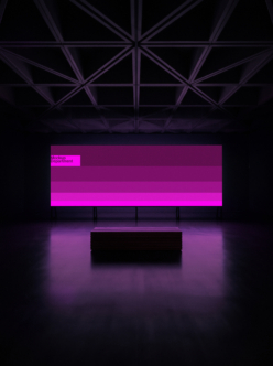 Neon pink billboard mockup in dark warehouse with geometric ceiling grid