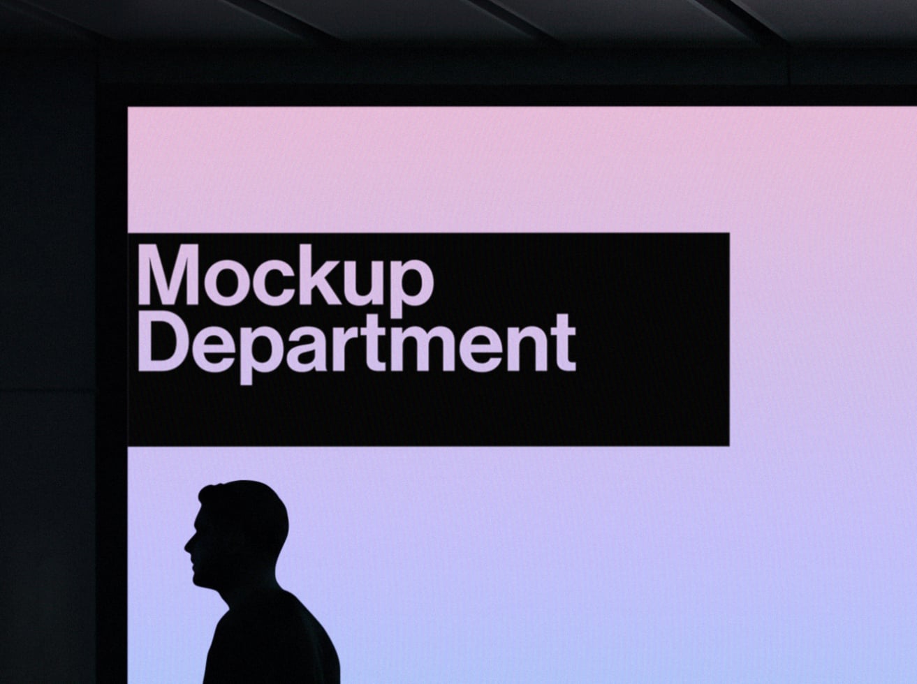Silhouette of person in profile against pink gradient with black bar displaying "Mockup Department" text