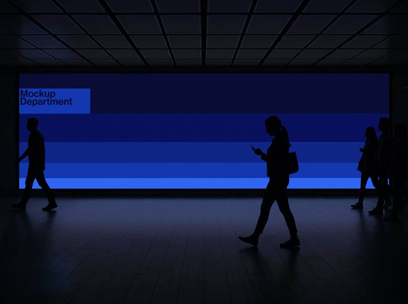 Modern office lobby with silhouetted people walking past blue striped wall display with Mockup Department signage