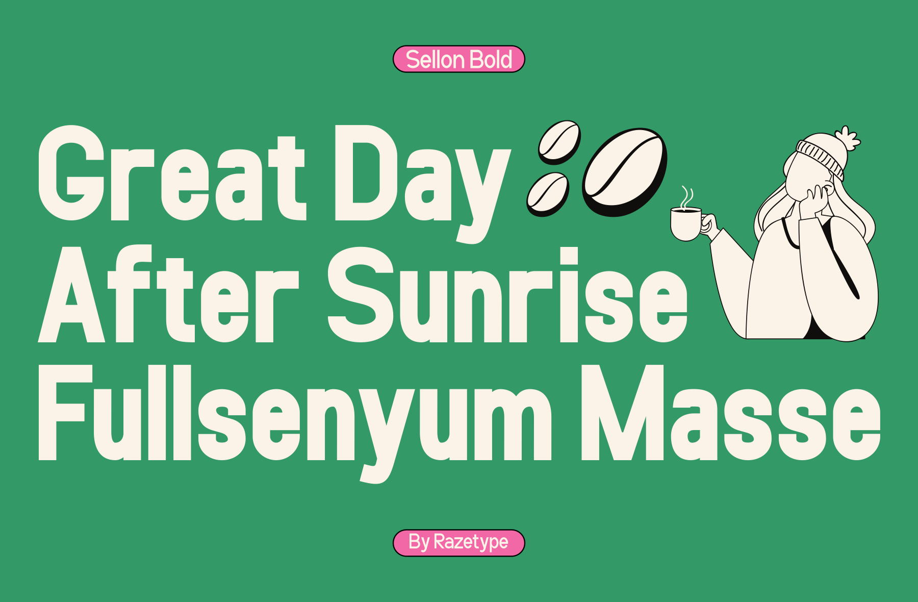 Sellon Bold typeface displayed with cozy coffee illustration on green background