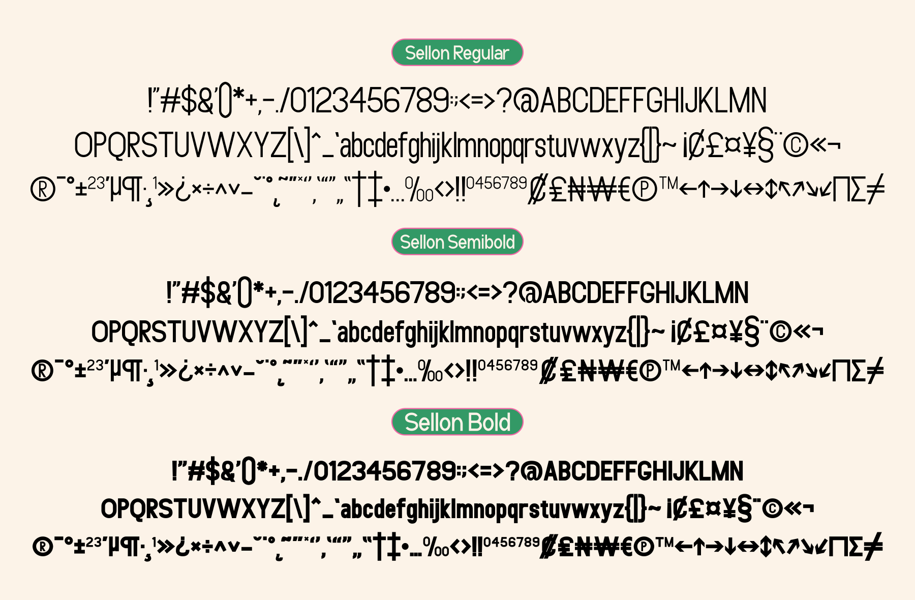 Sellon font family showing regular, semibold, bold weights with full character set