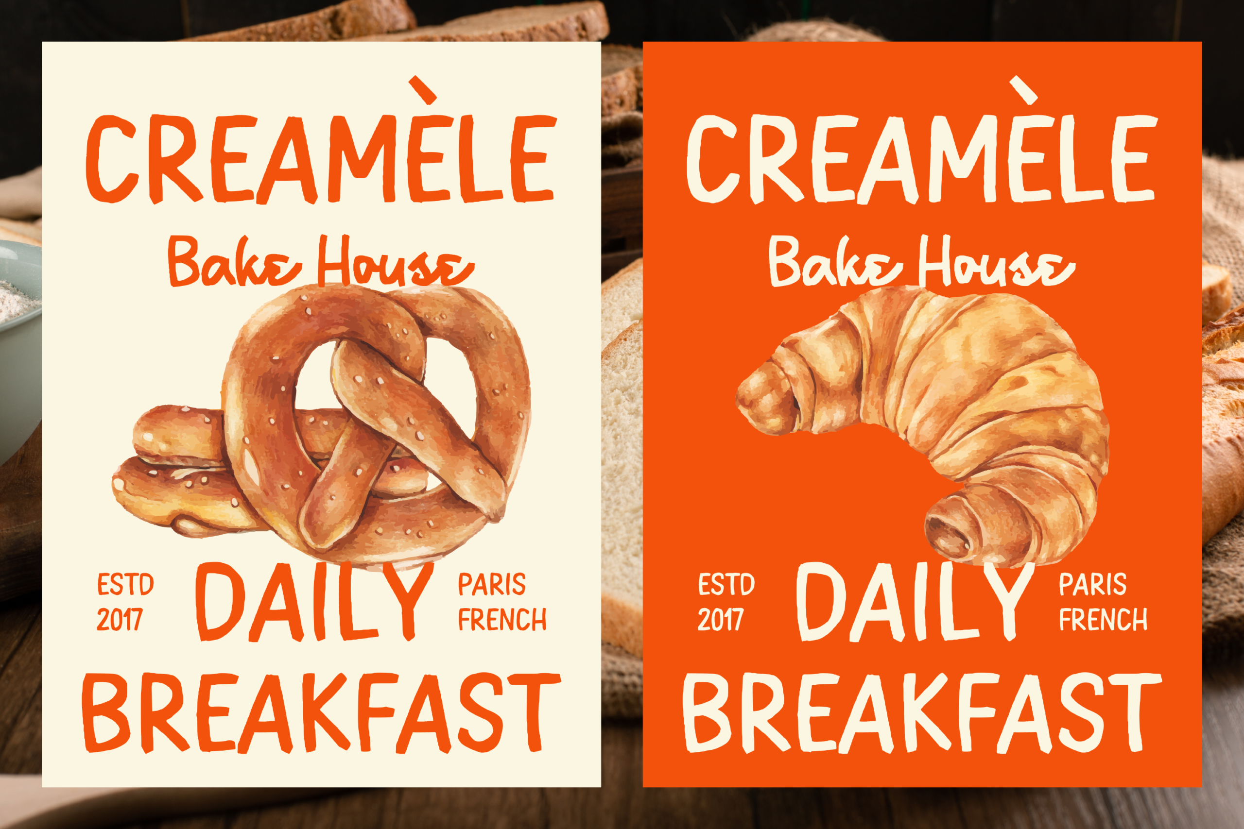 Creamele Bake House poster with pretzel, croissant, retro bakery branding on cream orange backgrounds