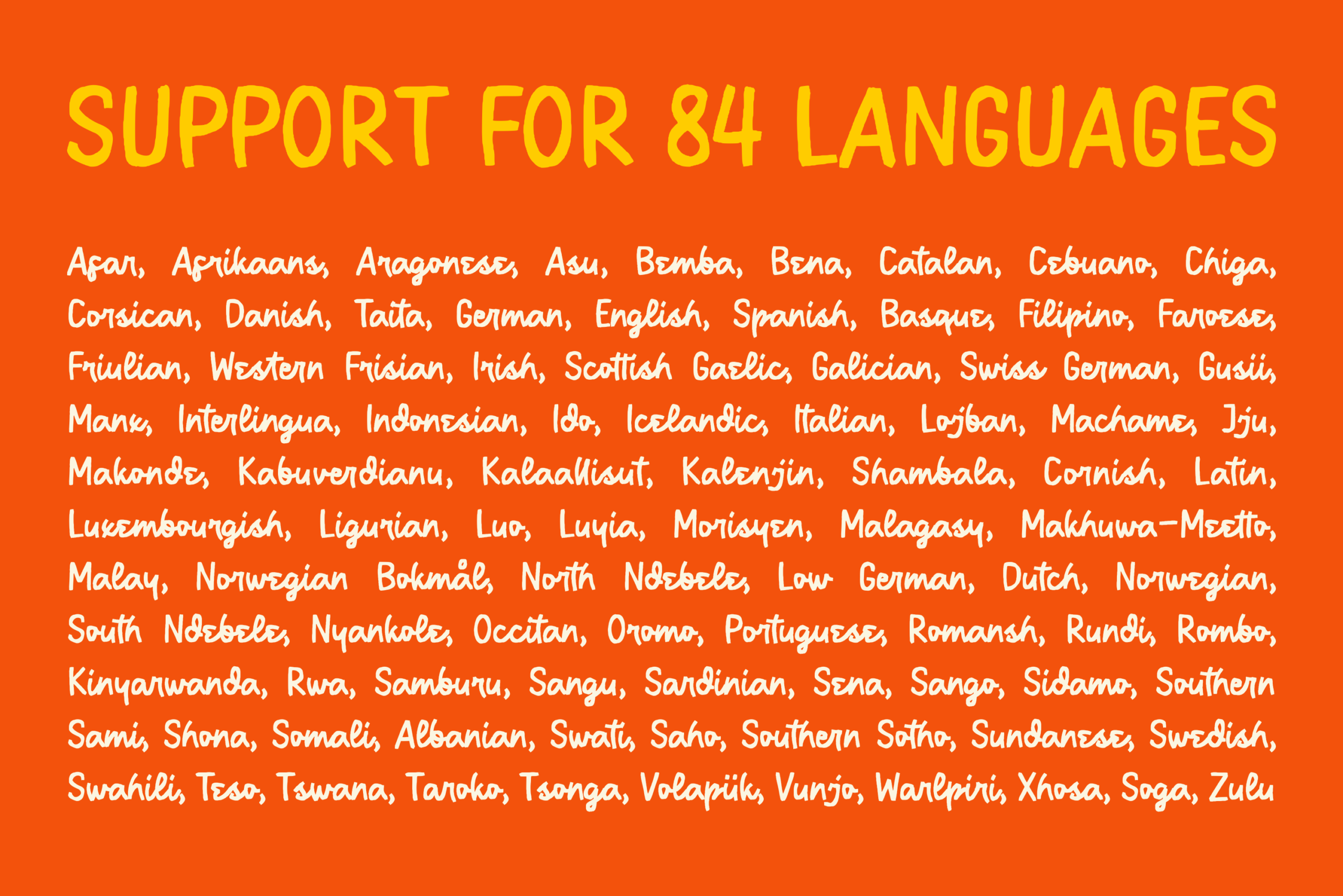 Bright orange background with yellow handwritten text listing 84 languages supported