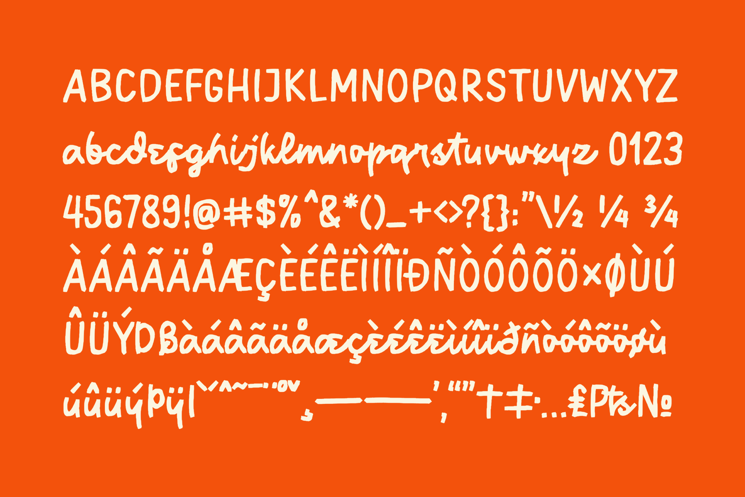 Bold sans serif font family with italic variant showing full character set on bright orange background