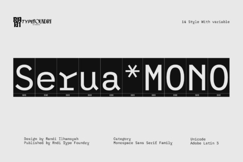 Serua Mono font family showing 14 weights with variable styles in clean geometric sans serif