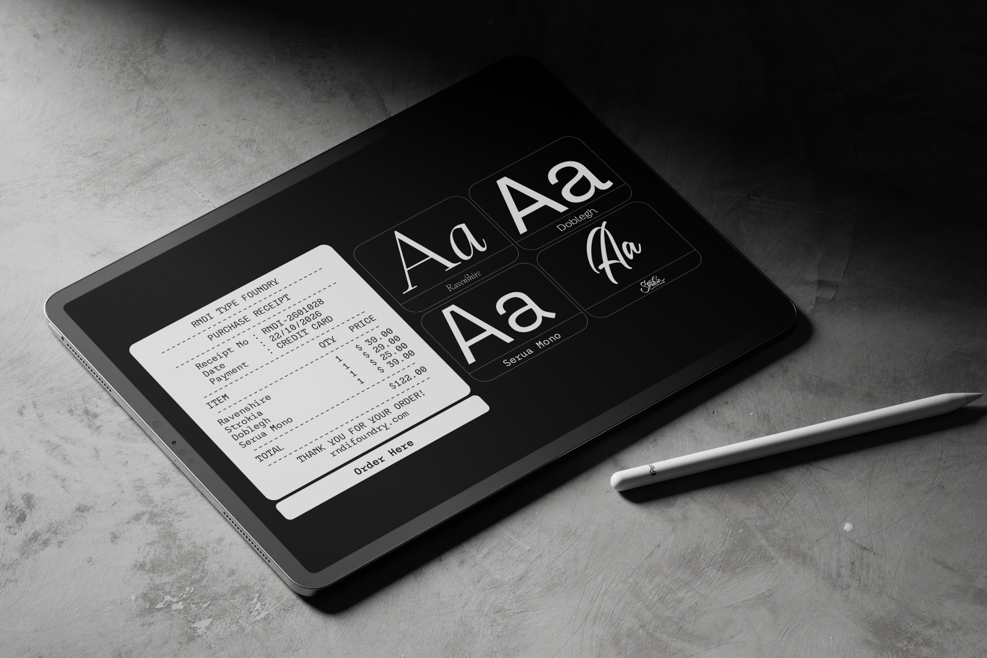 Font mockup on tablet showing receipt design with multiple typeface samples displayed on dark background