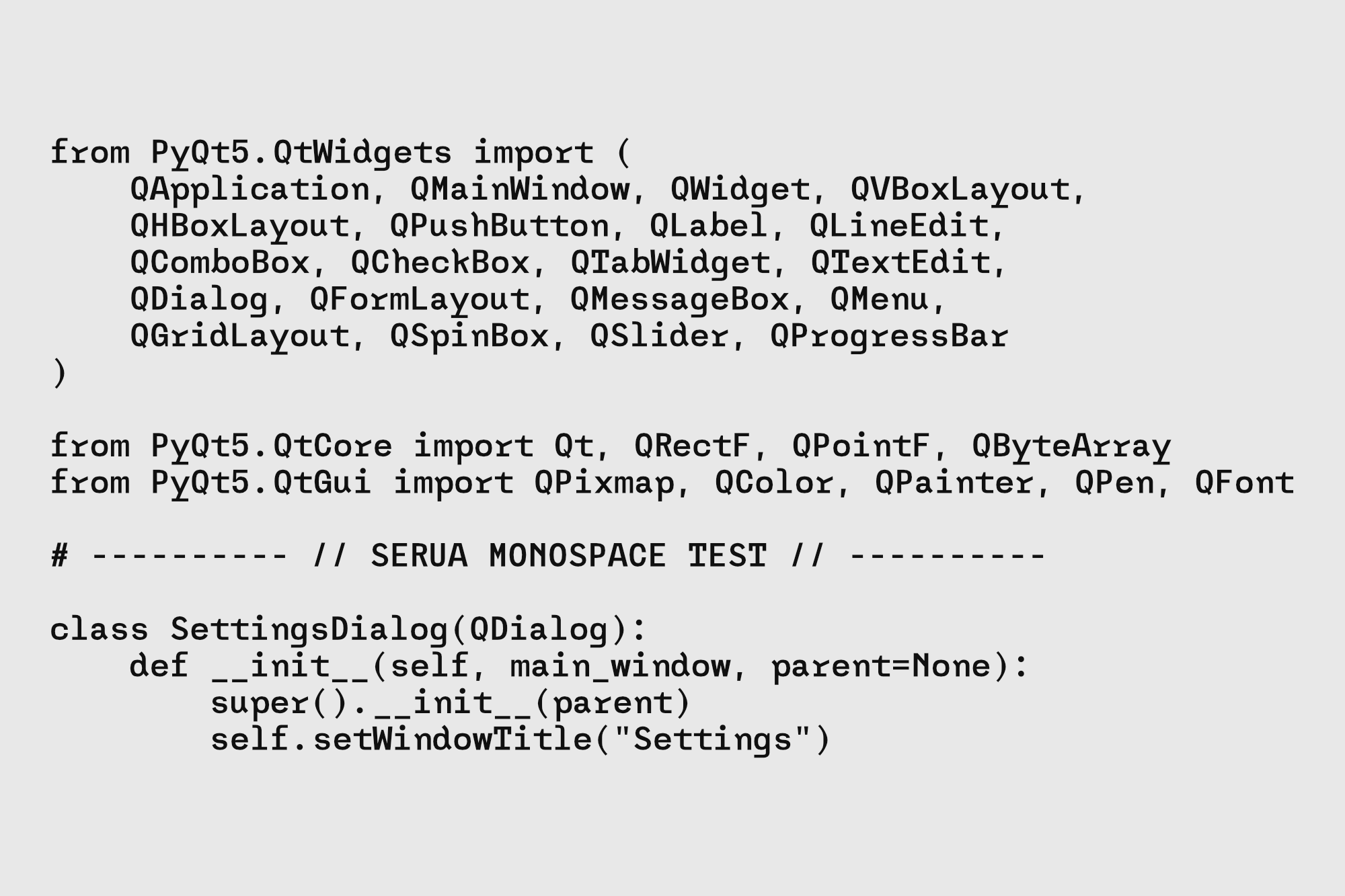 PyQt5 code snippet showing imports from QtWidgets, QtCore, QtGui modules