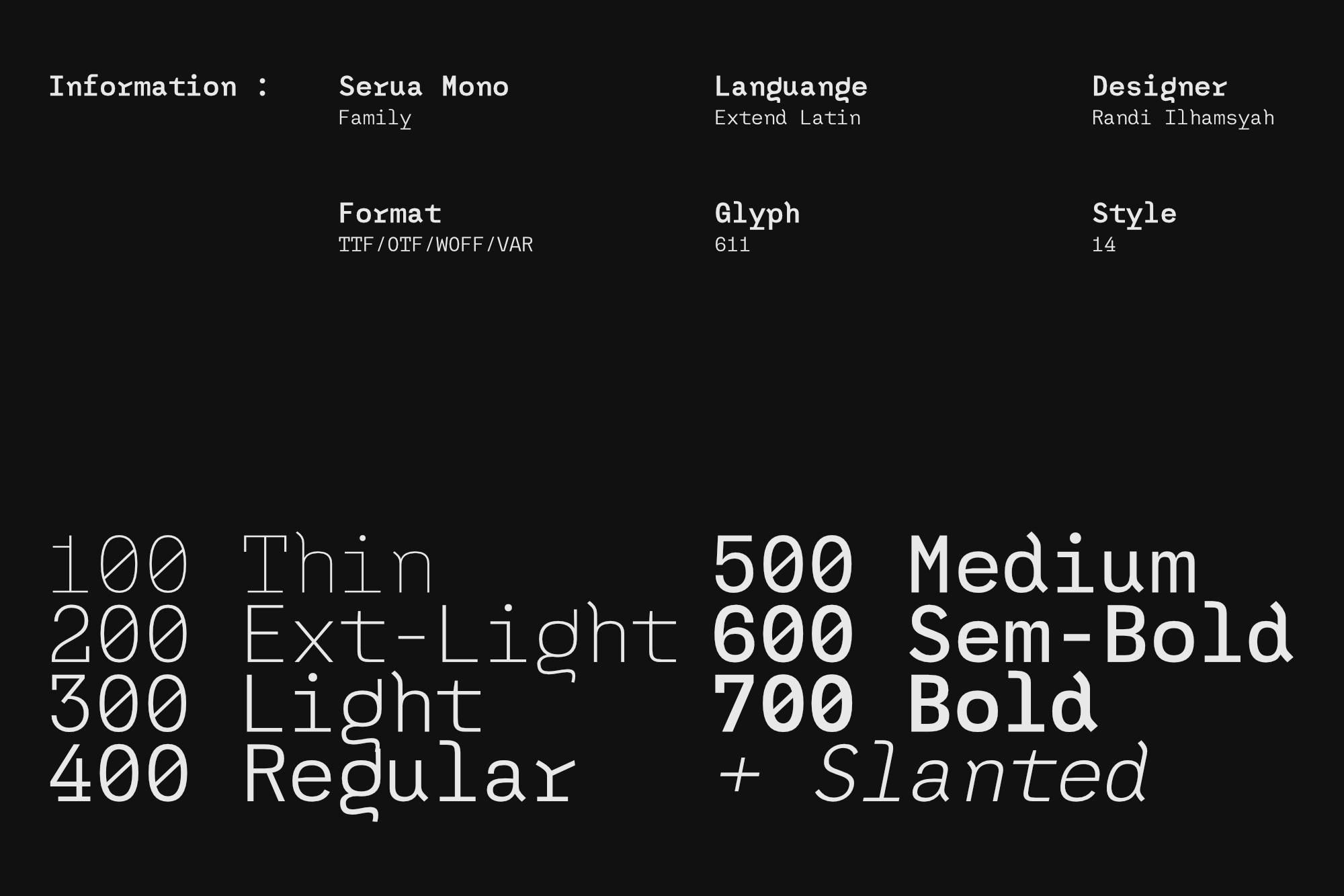 Serua Mono font family specs showing weight variations from Thin to Bold with slanted styles