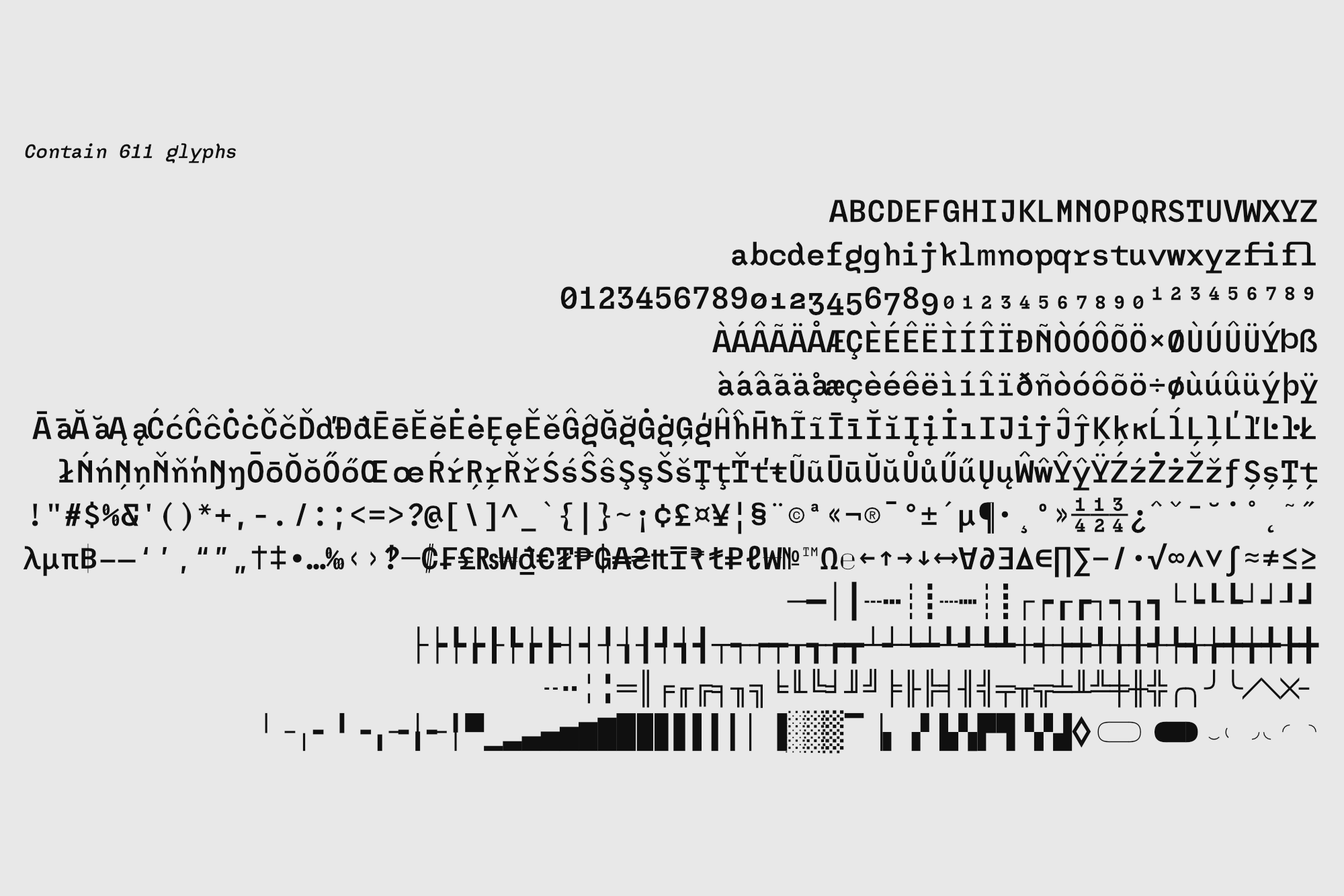 Monospace font specimen showing 611 glyphs with uppercase, lowercase, numbers, accents, symbols, plus ornaments