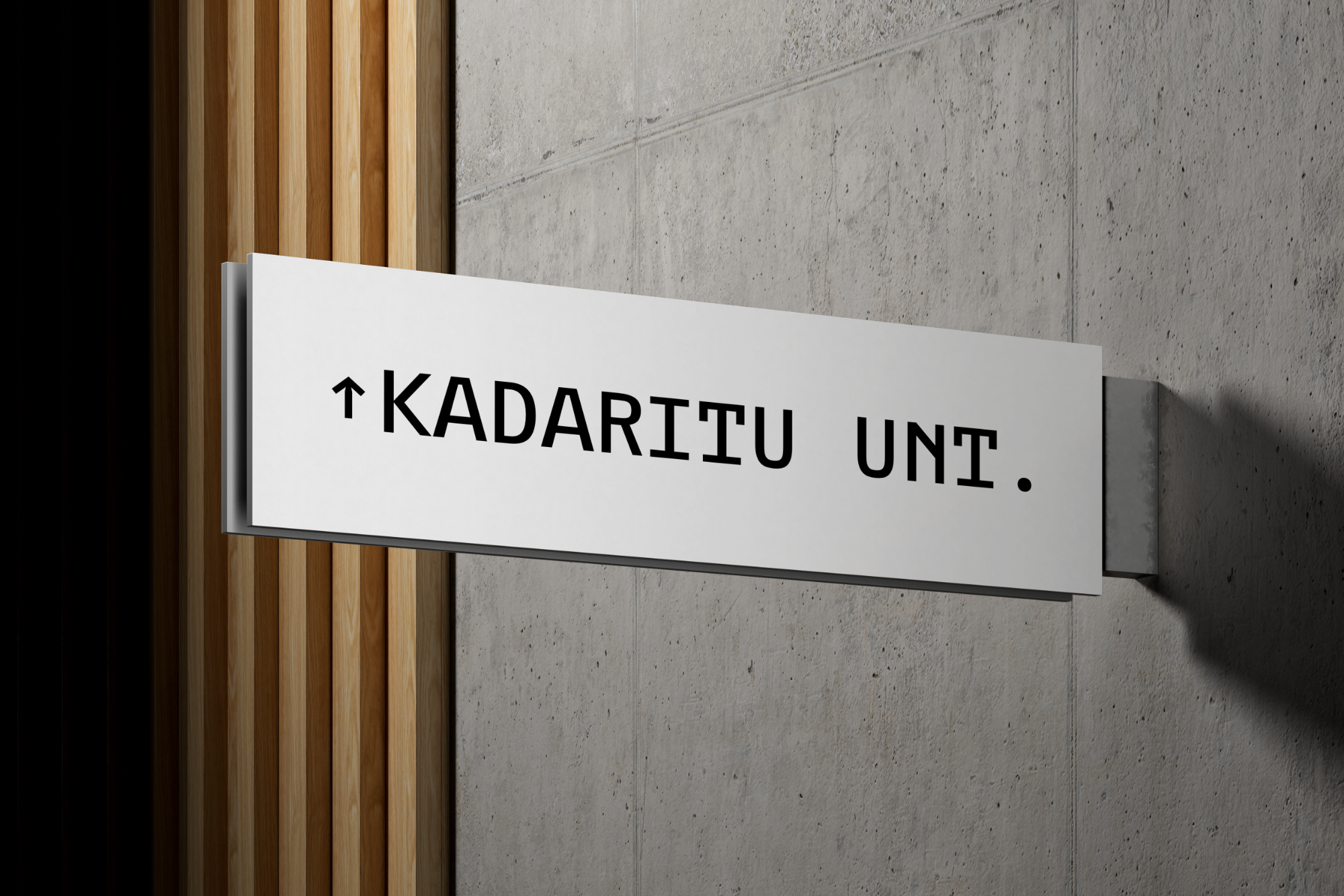 Minimalist wayfinding sign mockup on concrete wall with wooden slats