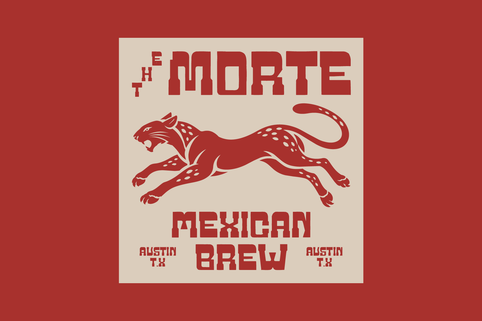 Vintage poster design with leaping jaguar, bold red lettering for El Morte Mexican Brew, Austin TX