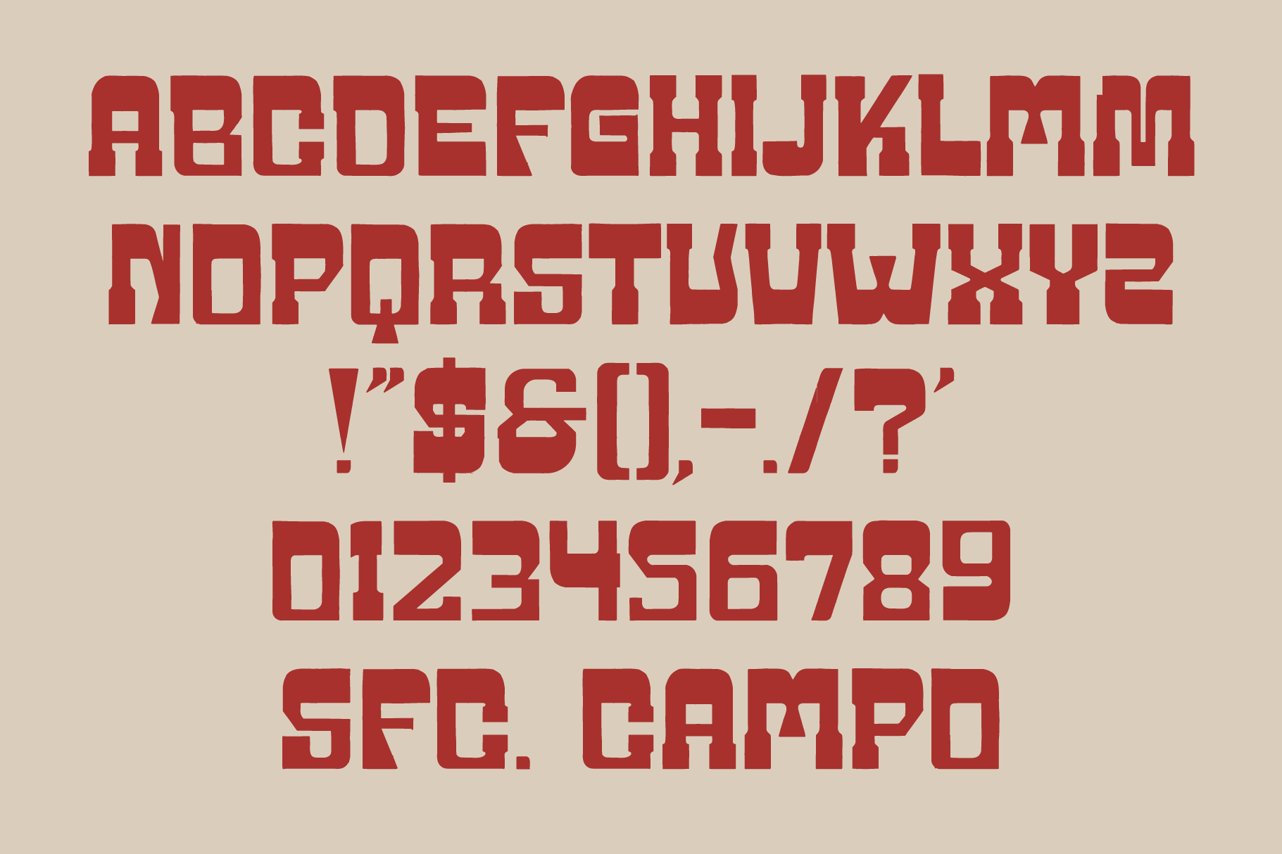 Bold red sans serif typeface with geometric letterforms, numbers, punctuation on beige background