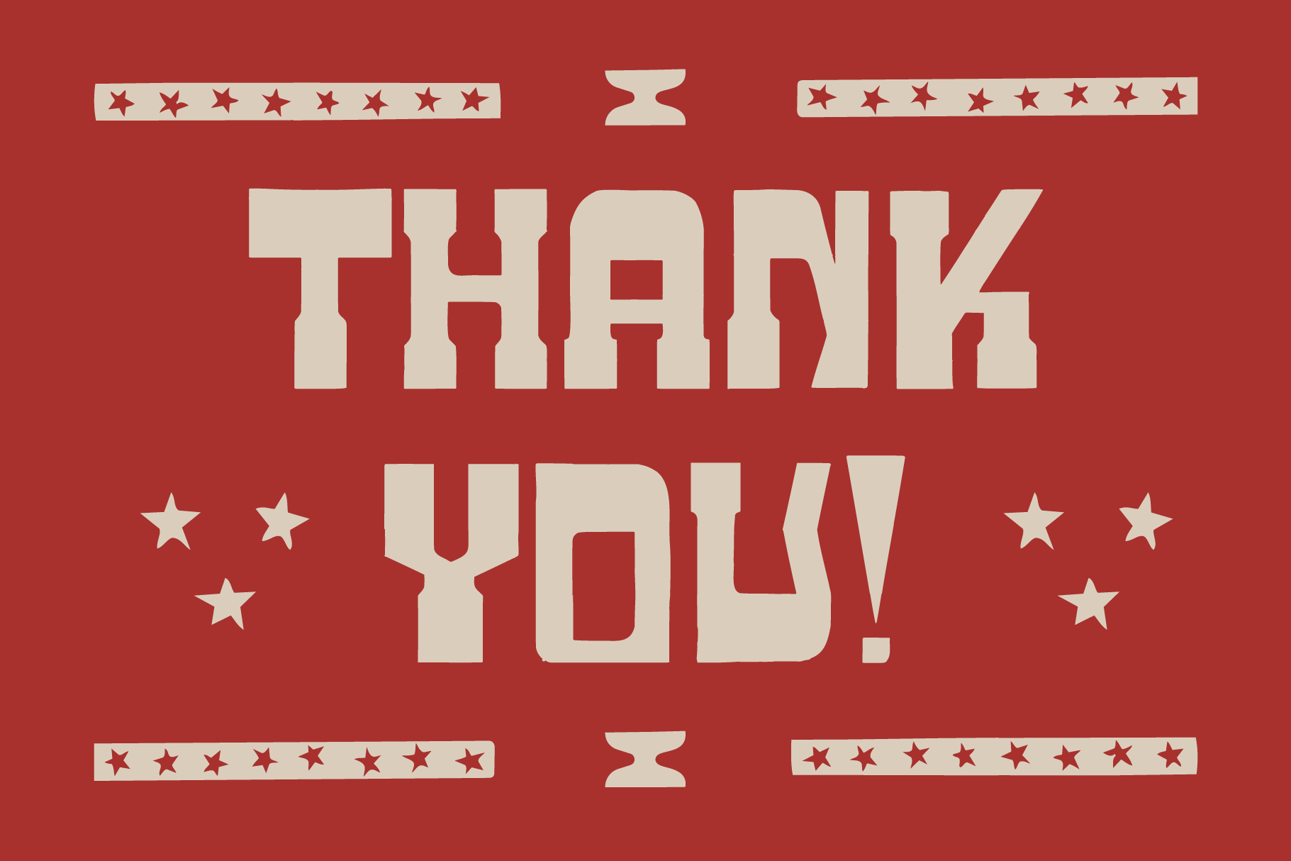Retro red poster with cream colored "Thank You" text surrounded by decorative stars