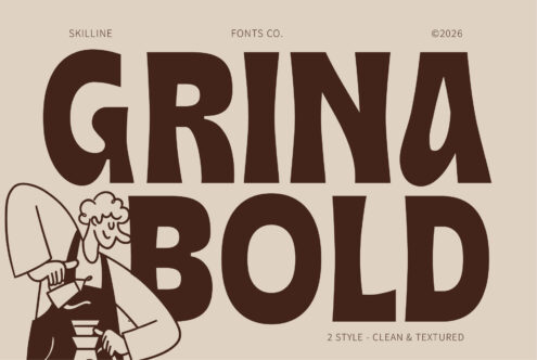 Grina Bold typeface in chunky brown letters with retro illustration of woman on beige background