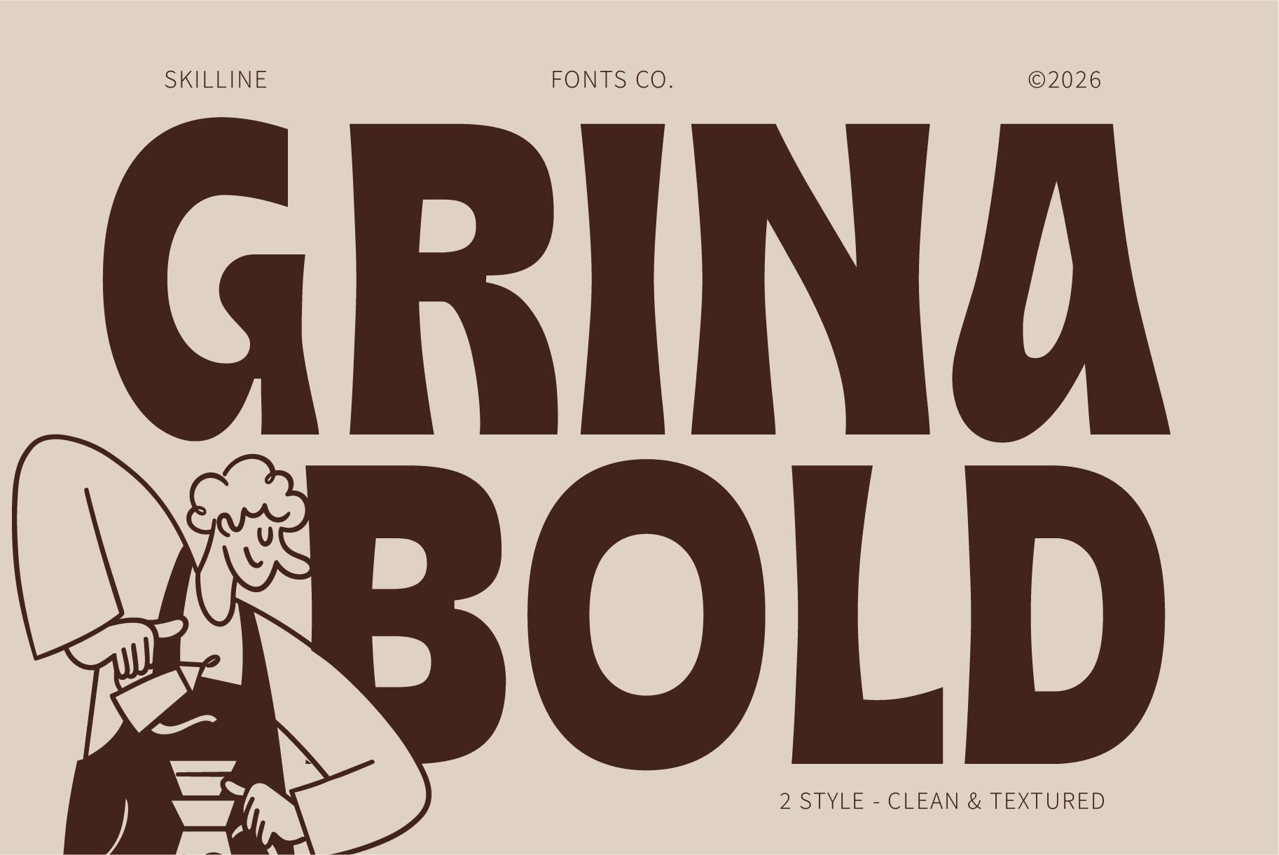 Grina Bold typeface in chunky brown letters with retro illustration of woman on beige background