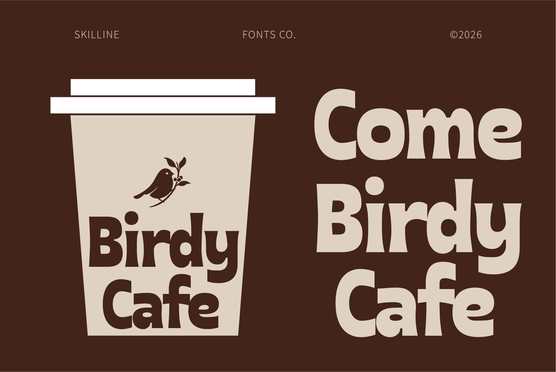 Birdy Cafe logo with chunky retro typeface on brown background