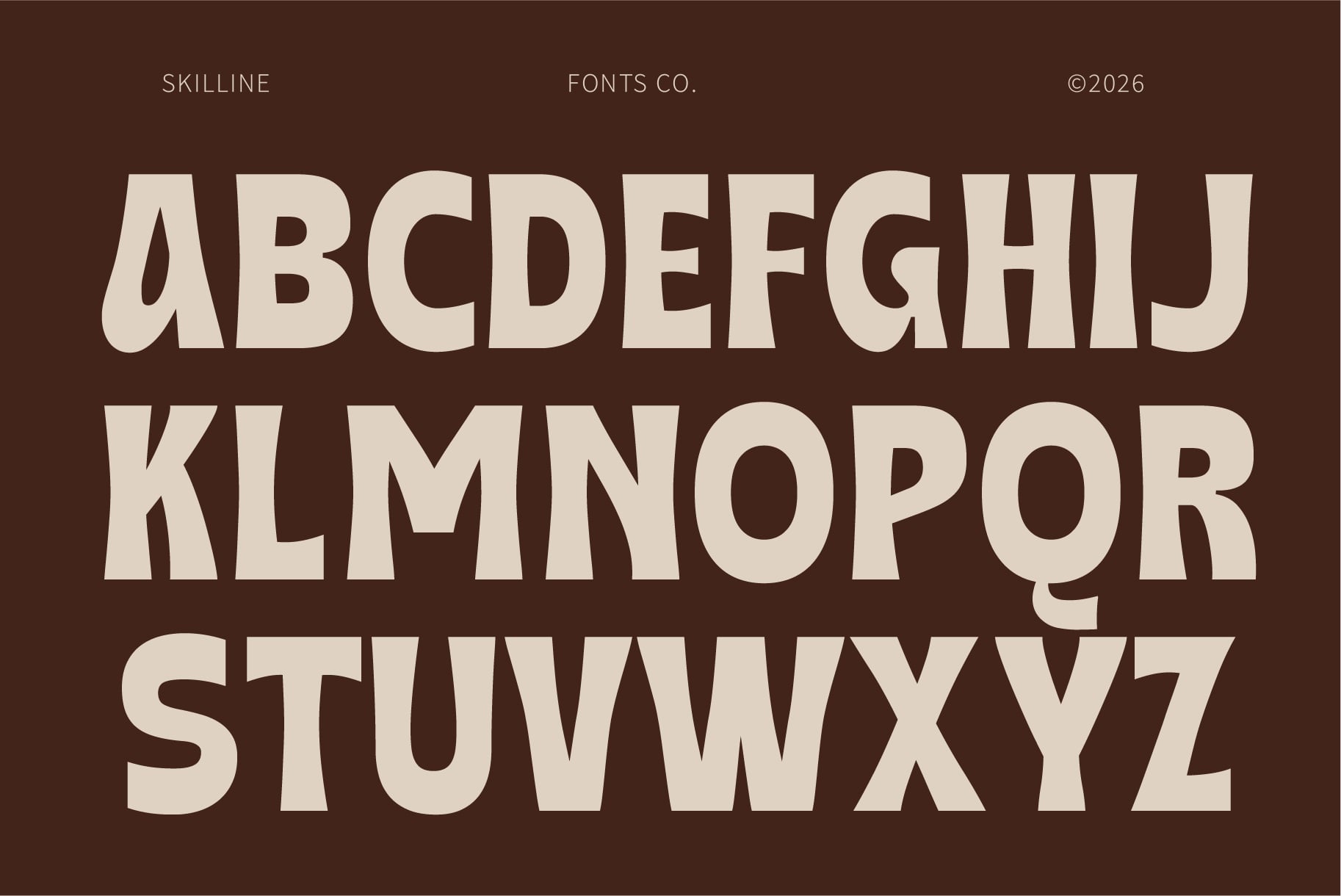 Skillline Fonts Co. bold cream typeface alphabet on rich brown background