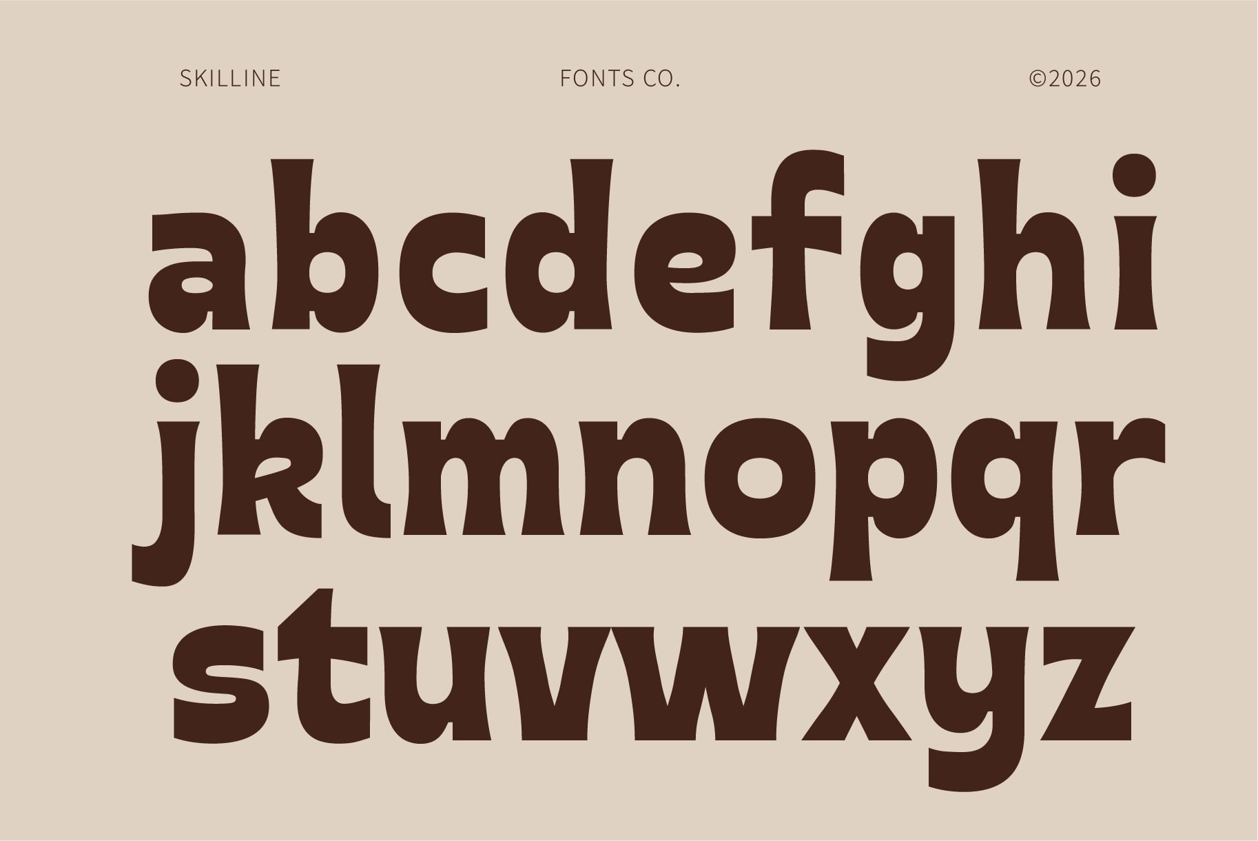 Skillline Fonts Co alphabet display in warm brown on cream background