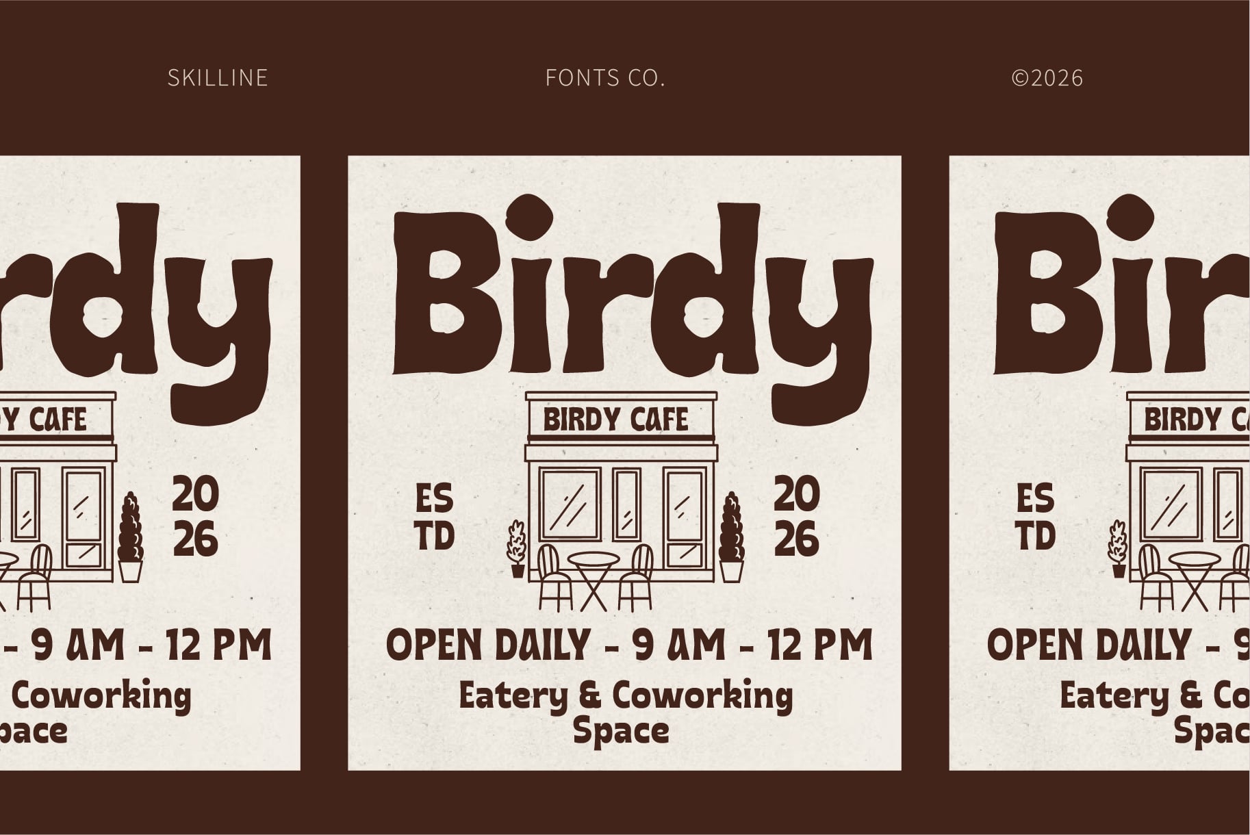 Retro cafe poster mockup with brown typography, storefront illustration, opening hours for Birdy Cafe