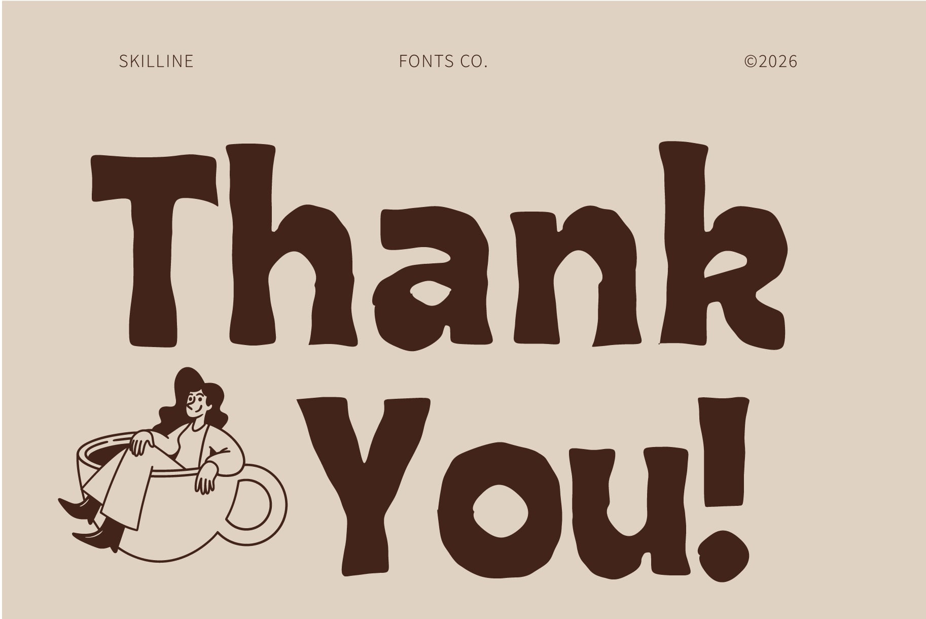 Retro poster with chunky brown serif letters saying "Thank You" plus a line-drawn character on a beige background