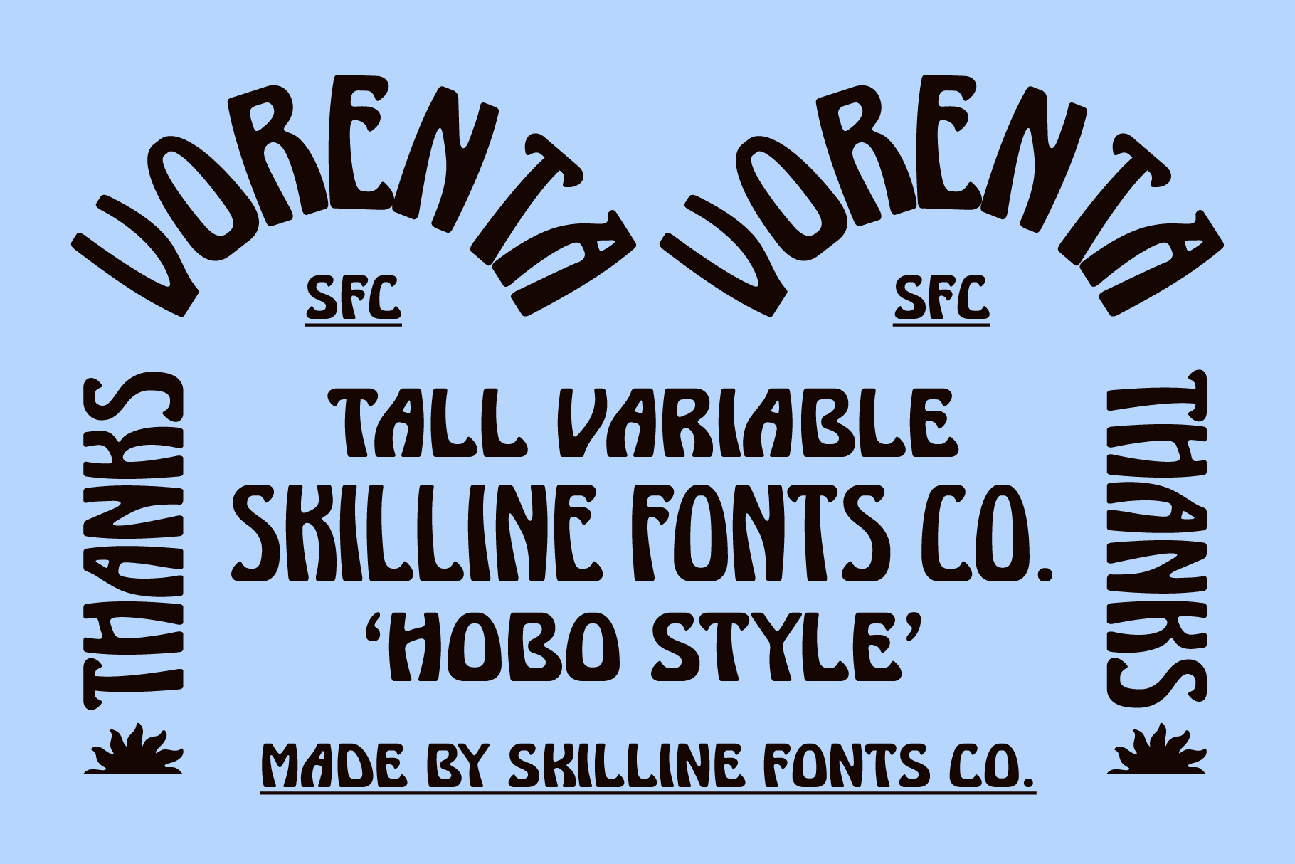 Worentin SFC tall variable skilline font in hobo style on light blue background
