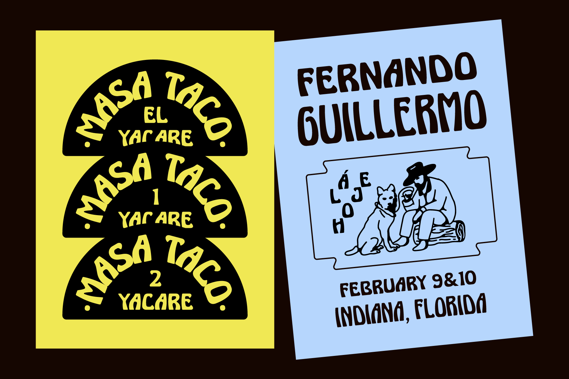 Retro event posters with bold yellow taco graphic plus sky blue flyer with hand-drawn illustration