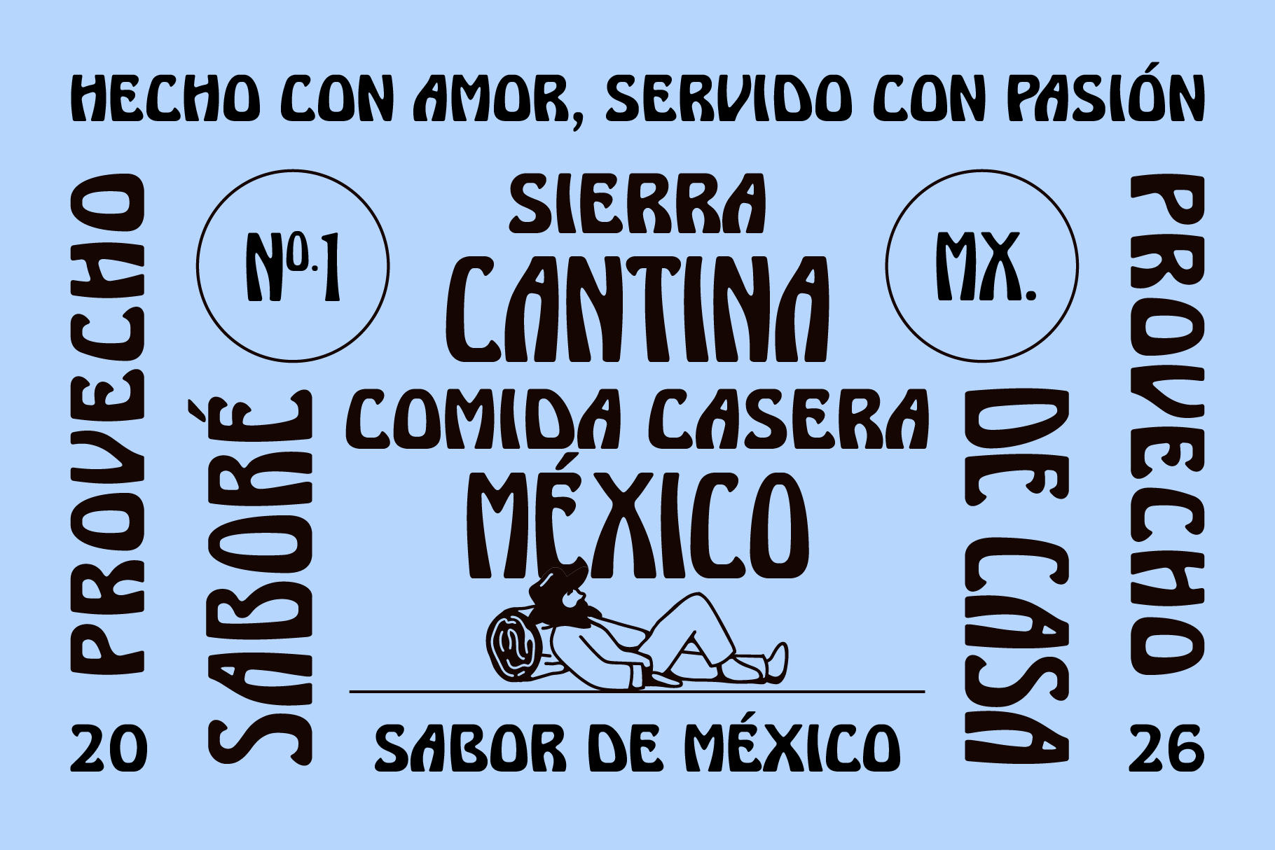 Spanish cantina label design with bold typography on light blue background
