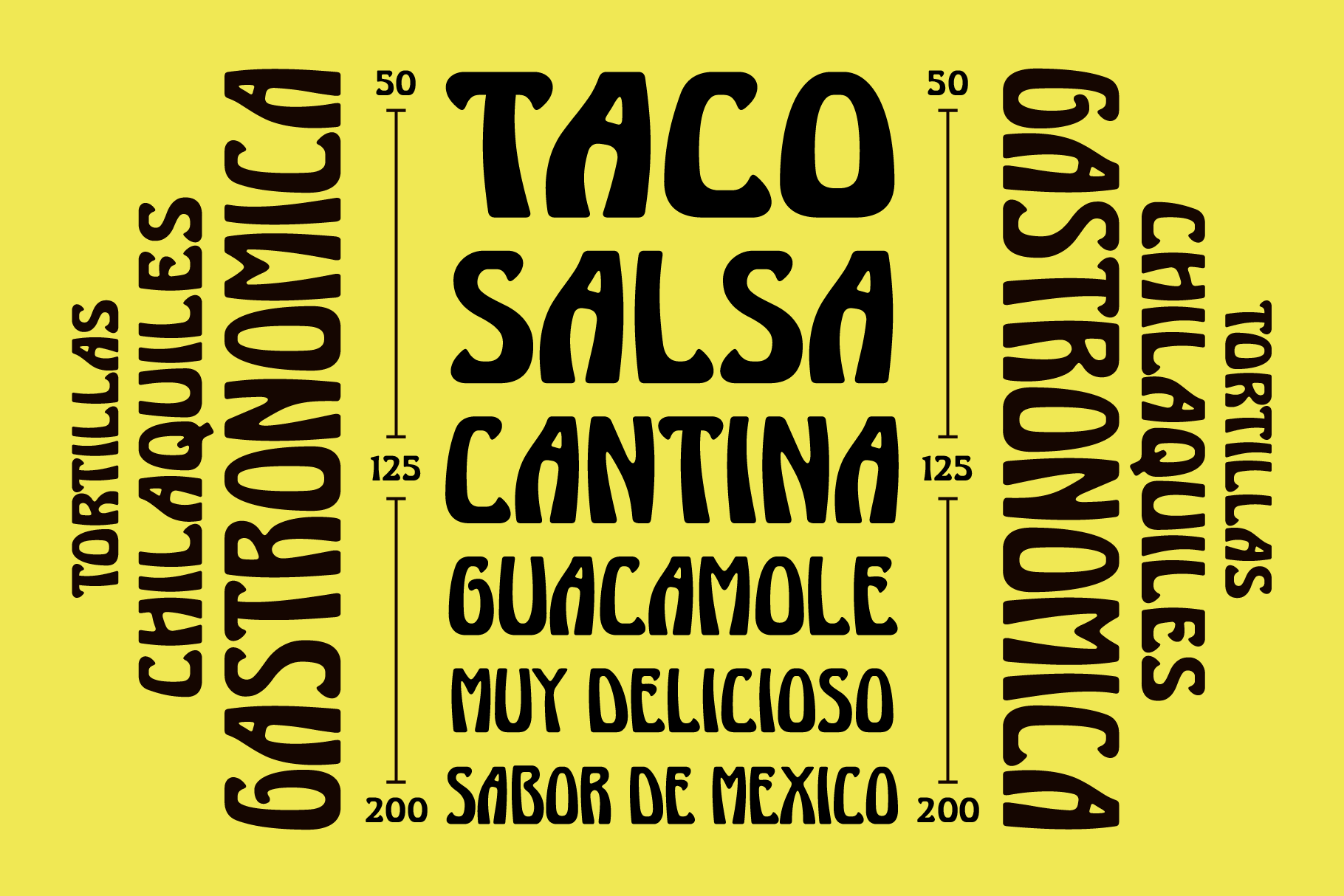 Bold black type on bright yellow menu layout with Spanish food items rotated around central "Taco Salsa Cantina" text
