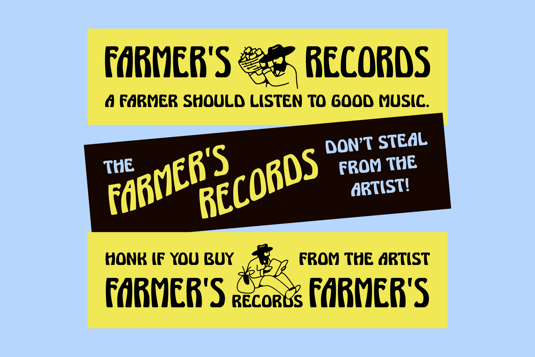 Farmer's Records vintage poster with yellow, black, text blocks on blue background