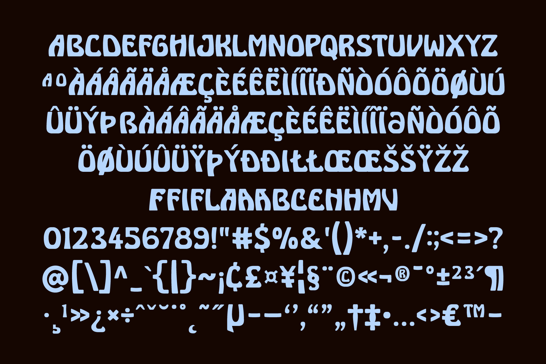 Bold sans serif font with extended character set including accents, numbers, symbols, light blue on dark background