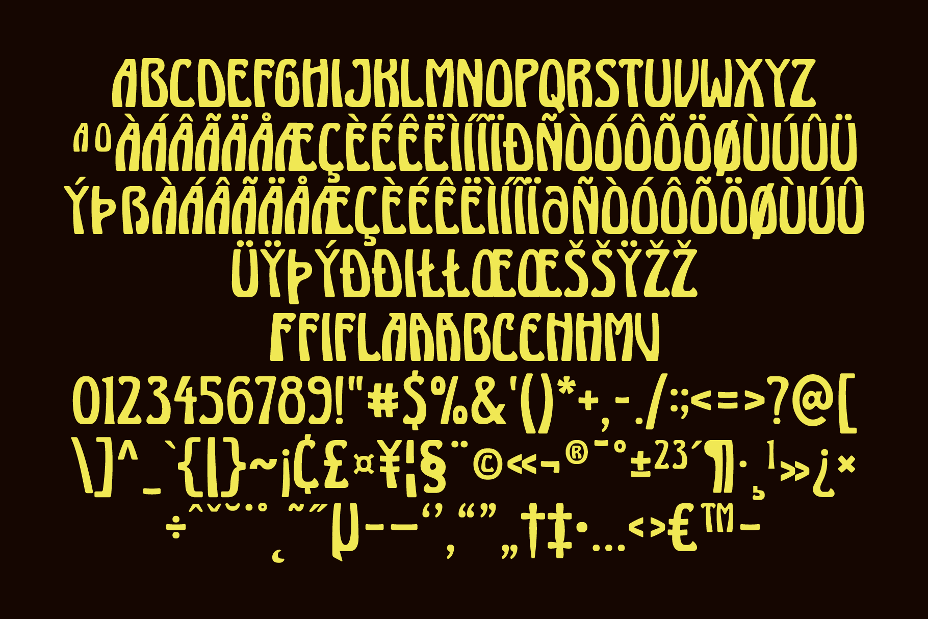 Bright yellow condensed typeface with extended character set on black background