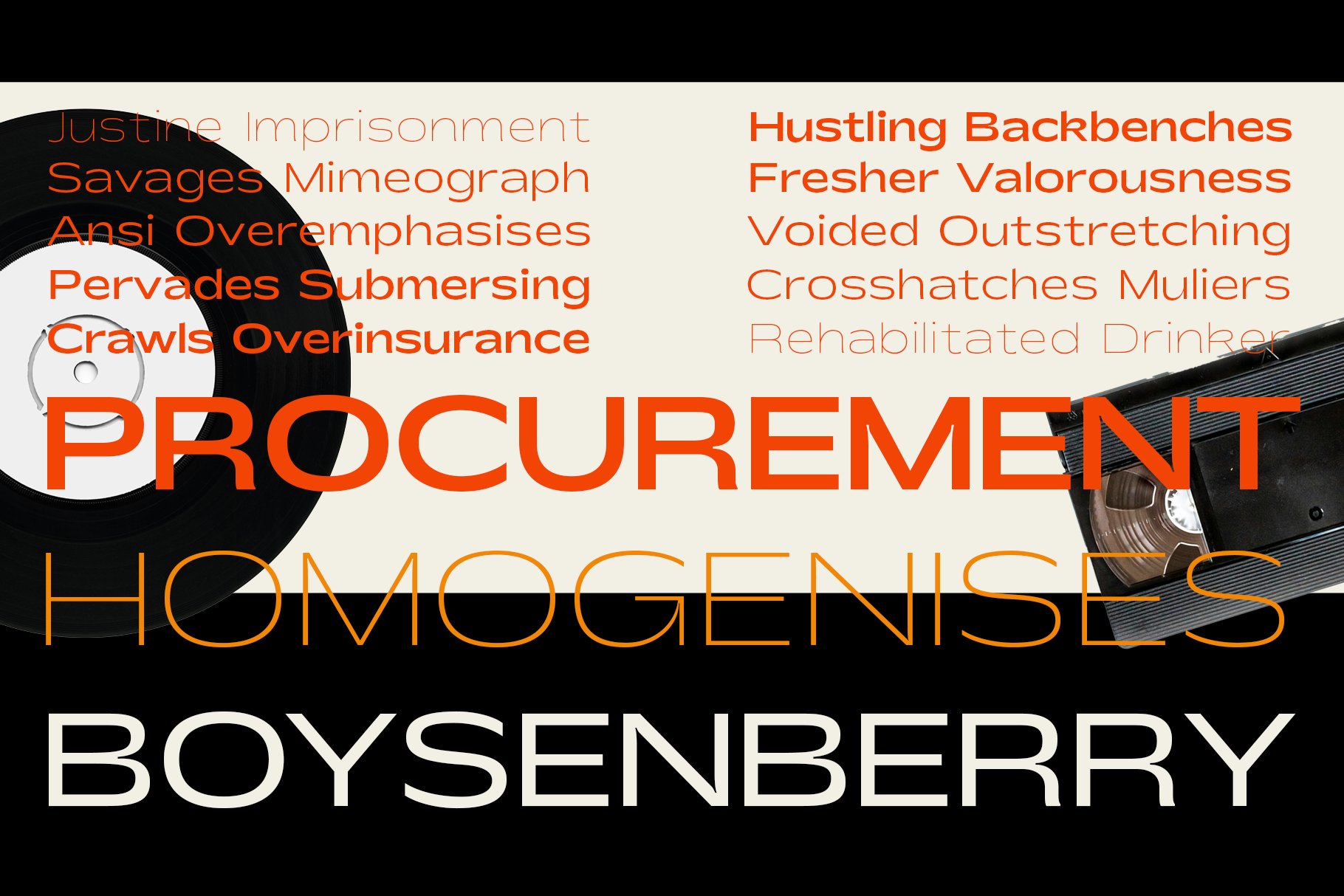 Bold orange text reading "Procurement Homogenesis Boysenberry" layered over black shapes with random words scattered above