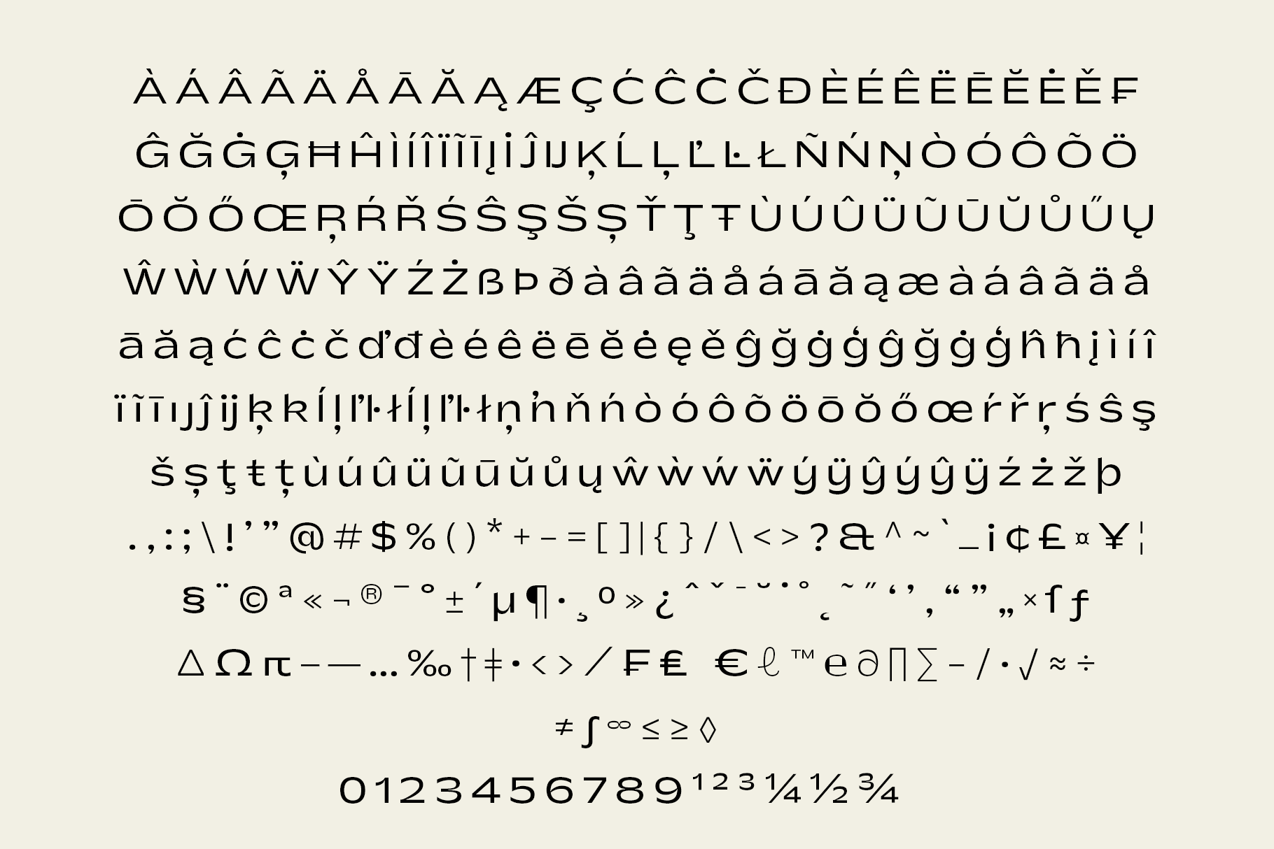 # Alt Text: Serif font specimen sheet showing full character set with accents, symbols, numbers