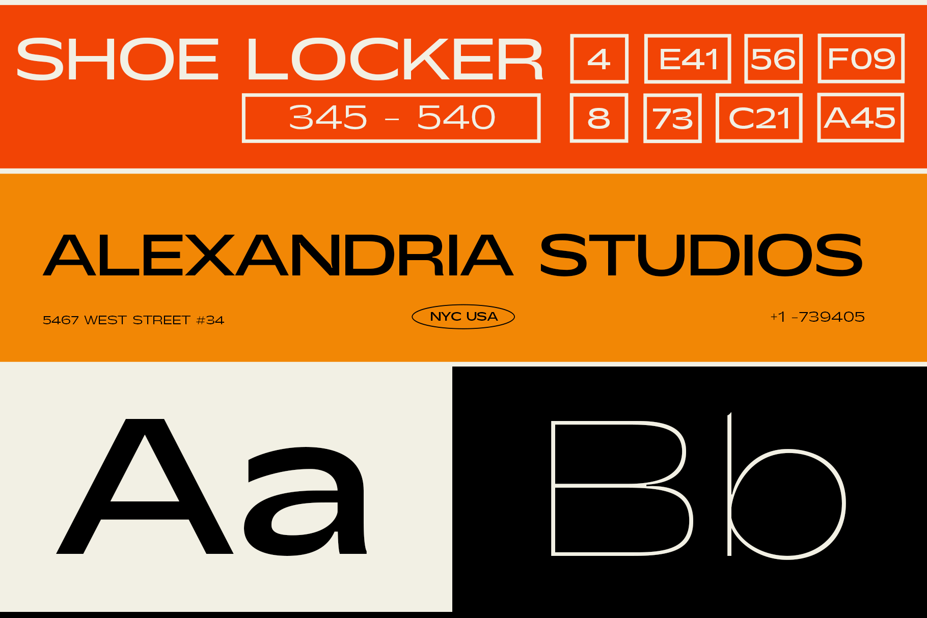 Shoe locker label mockup with orange header, Alexandria Studios branding, locker numbers, font samples below
