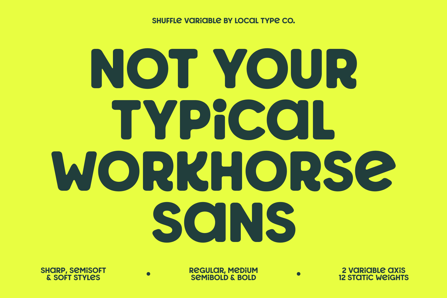 Shuffle Variable font on bright yellow background with dark teal text showing weight variations
