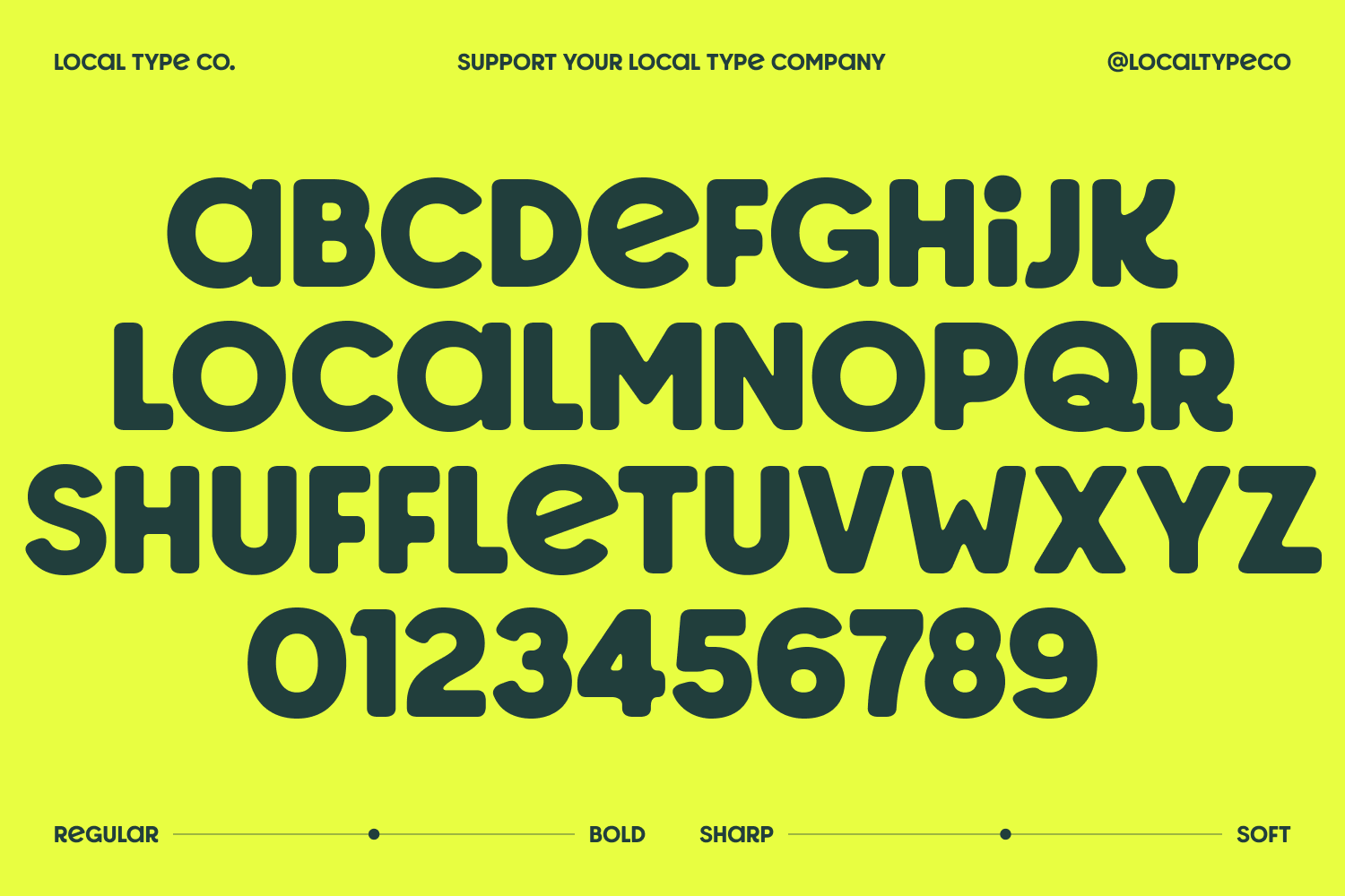 Bold sans serif font specimen in dark navy on neon yellow with full alphabet, numbers, plus weight variations shown