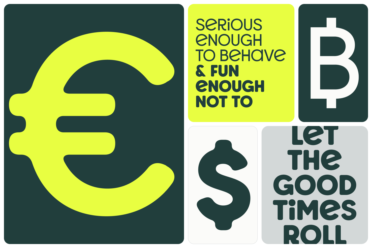 Bright neon yellow currency symbols with cheeky money quotes on dark teal background
