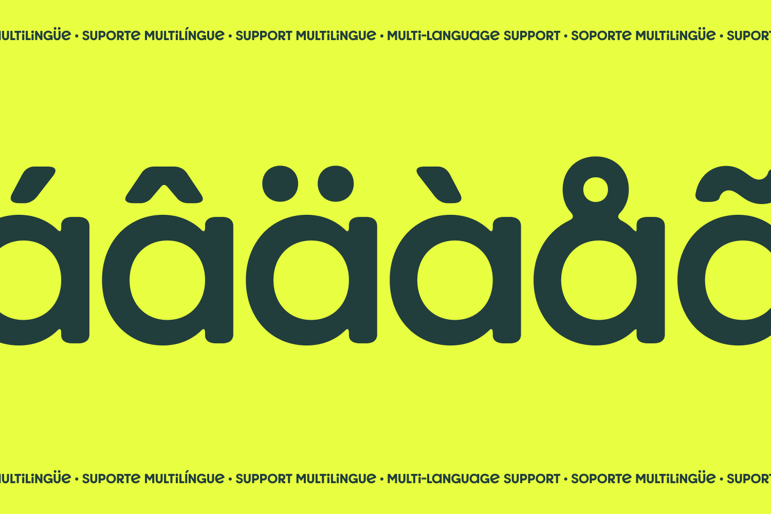 Neon yellow background with bold dark teal typeface showing repeating letters, multilingual text banner top bottom