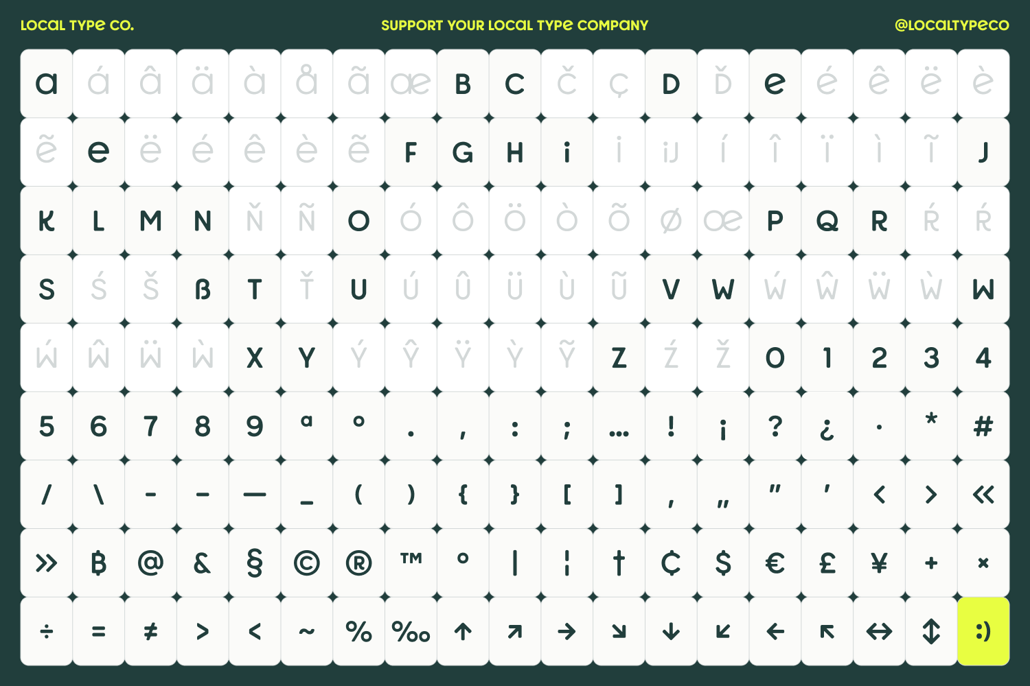 Complete character set for Local Type Co font with letters, numbers, punctuation, symbols
