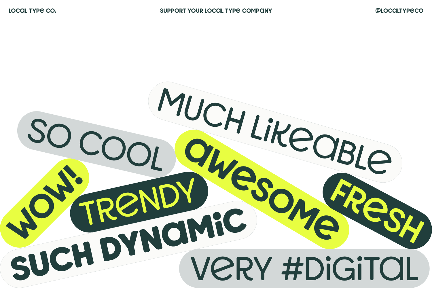 Overlapping word stickers with neon yellow, dark teal, gray labels saying wow, trendy, so cool, much dynamic, awesome, fresh