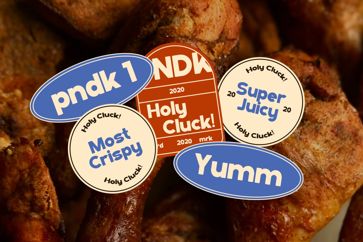 Retro food sticker pack with fried chicken backdrop, features blue ovals, cream circles, orange badge with playful messaging labels
