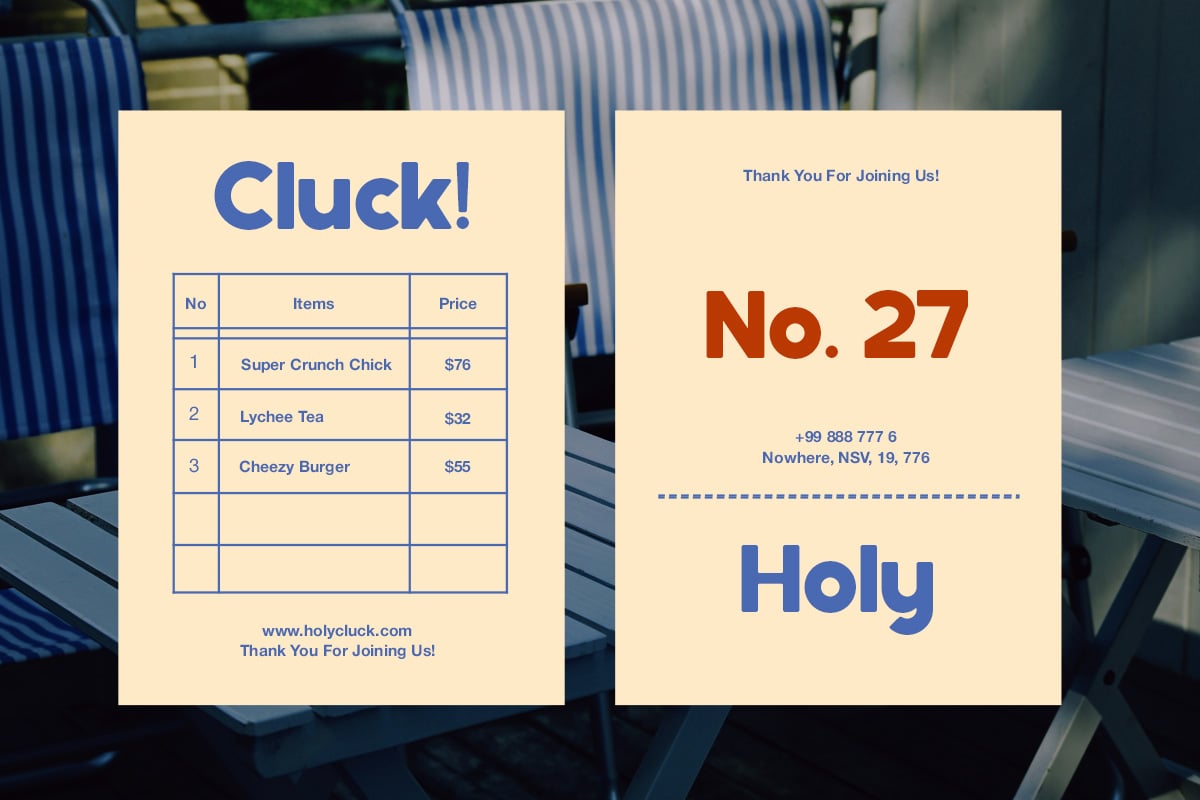 Retro receipt mockup with menu table, cream background, blue typography