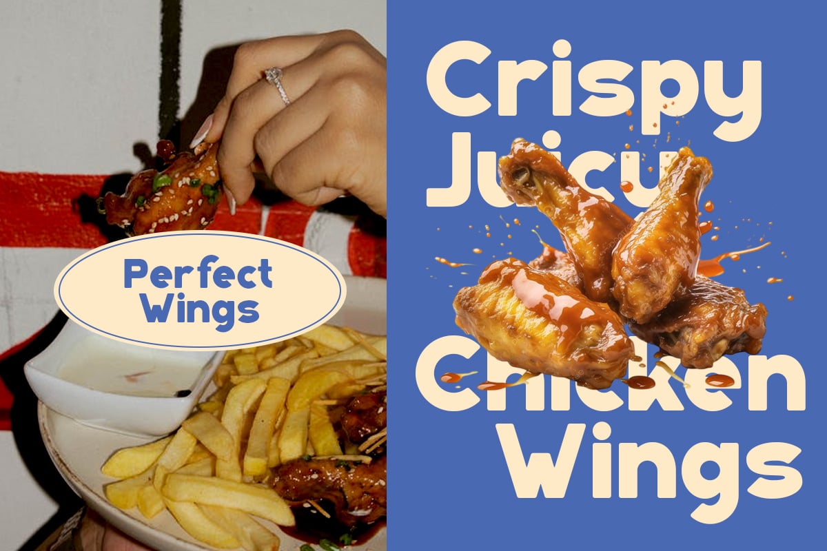 Split-screen food poster with fried chicken wings, fries, hand holding wing, blue background with cream typography