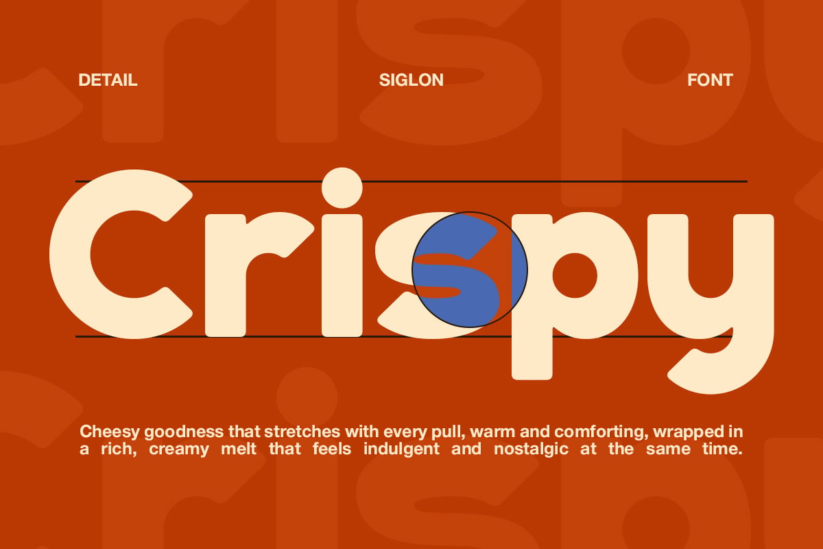 Chunky cream typeface on burnt orange with blue circle detail, playful cheese branding vibe
