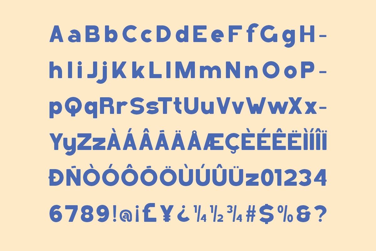 Bold blue sans serif font showing full character set with accents, numbers, symbols on cream background