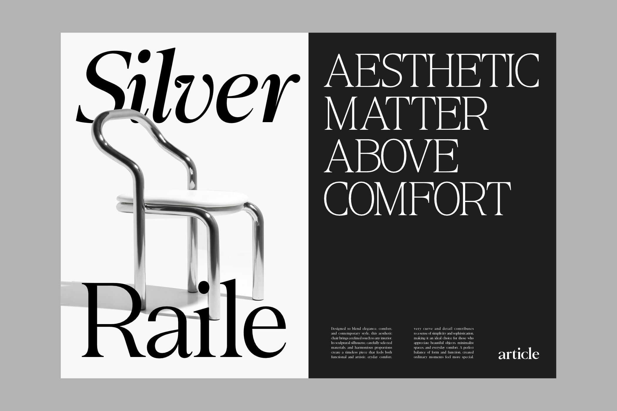 Split layout poster with metallic chair, serif typography on black side reading aesthetic matter above comfort