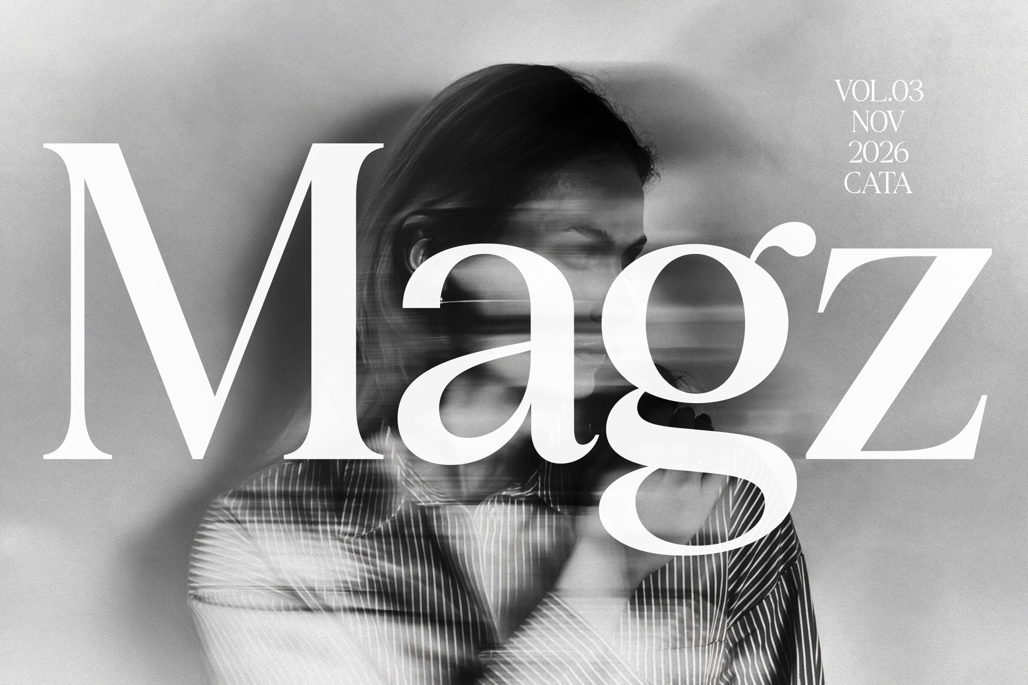 Magazine cover mockup with serif typography overlaid on blurred portrait photograph, November 2026 issue