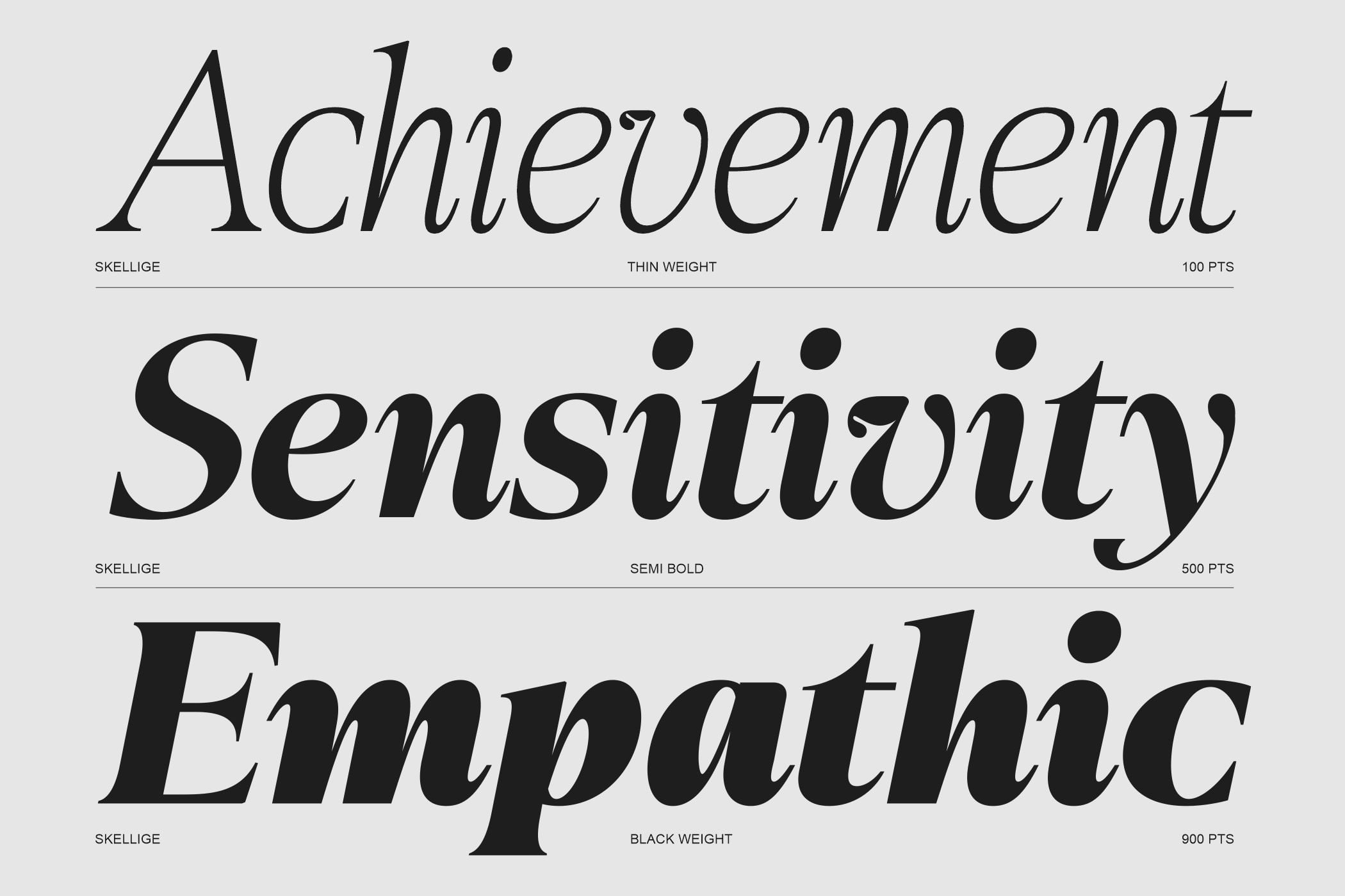 Skellige serif font displaying three weights from thin to black with sample words